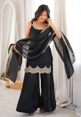 Black Embroidery Silk Palazzo Set