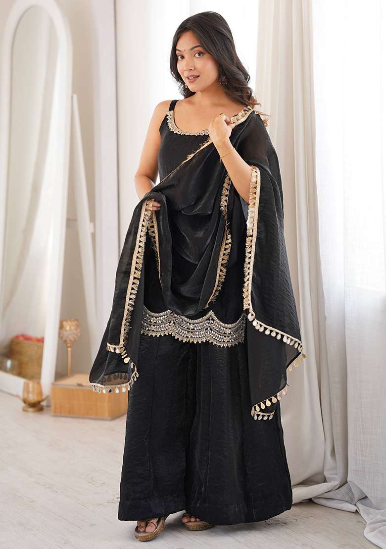 Black Embroidery Silk Palazzo Set - Indya