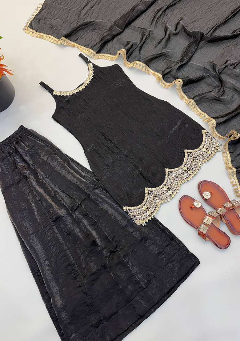 Black Embroidery Silk Palazzo Set - Indya