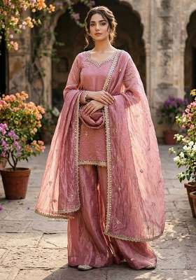 Peach Embroidery Silk Palazzo Set
