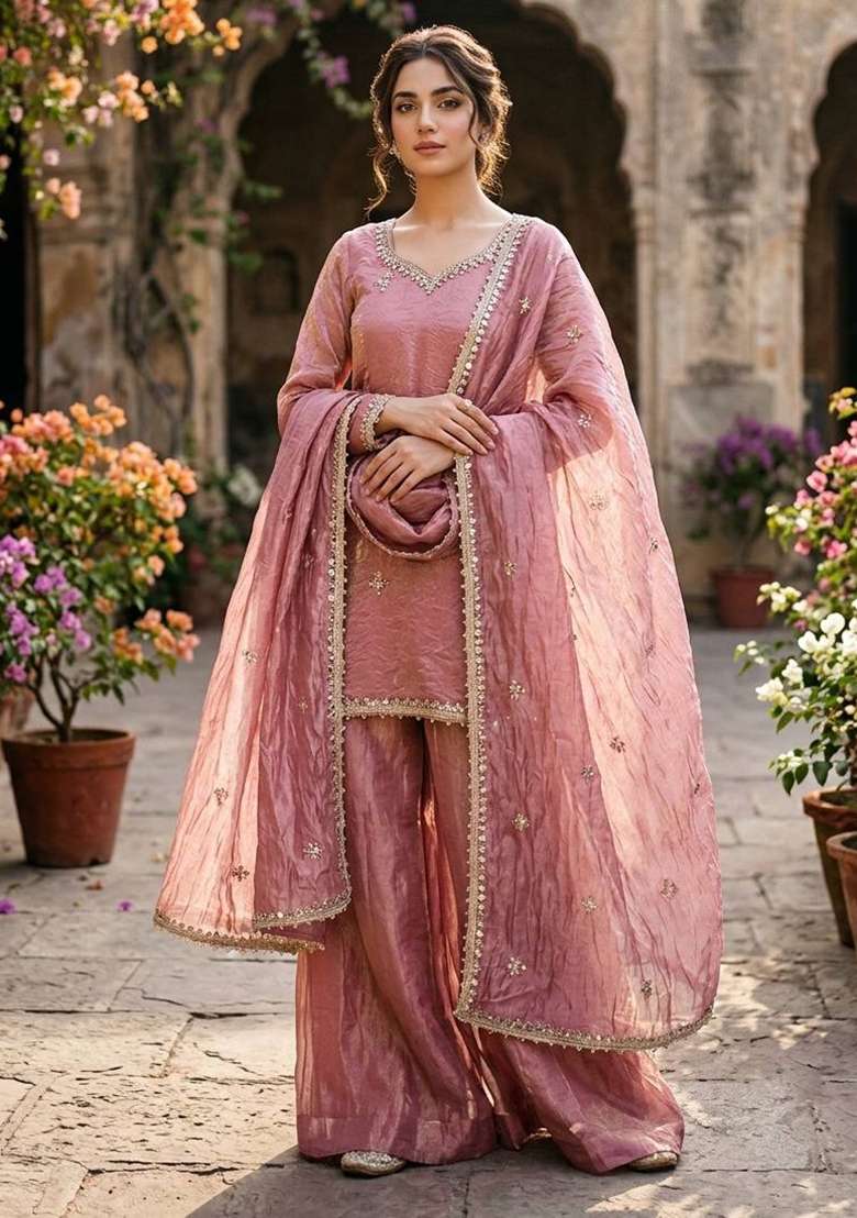 Peach Embroidery Silk Palazzo Set - Indya