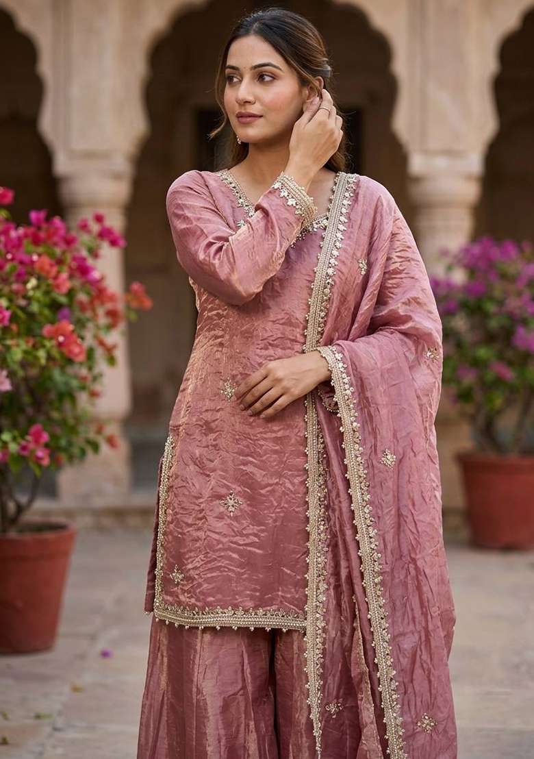 Peach Embroidery Silk Palazzo Set - Indya