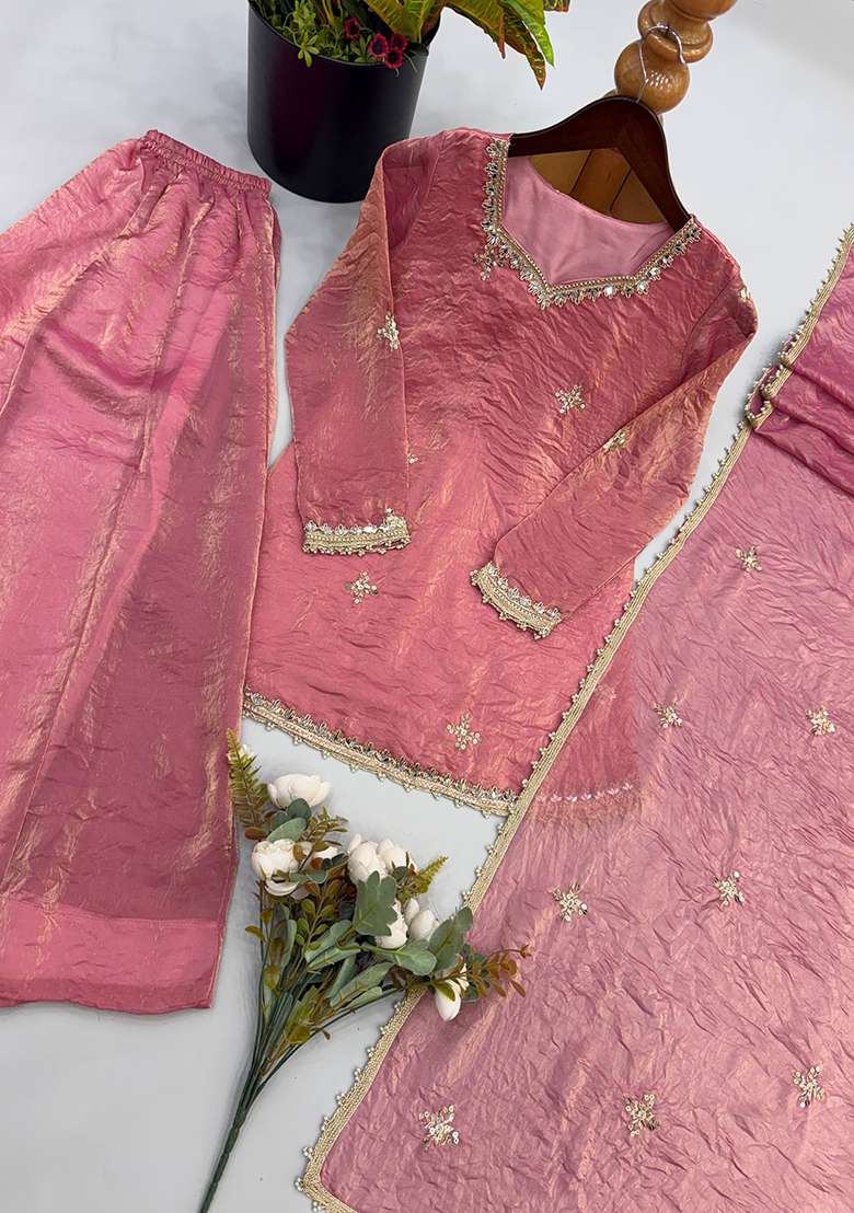 Peach Embroidery Silk Palazzo Set - Indya