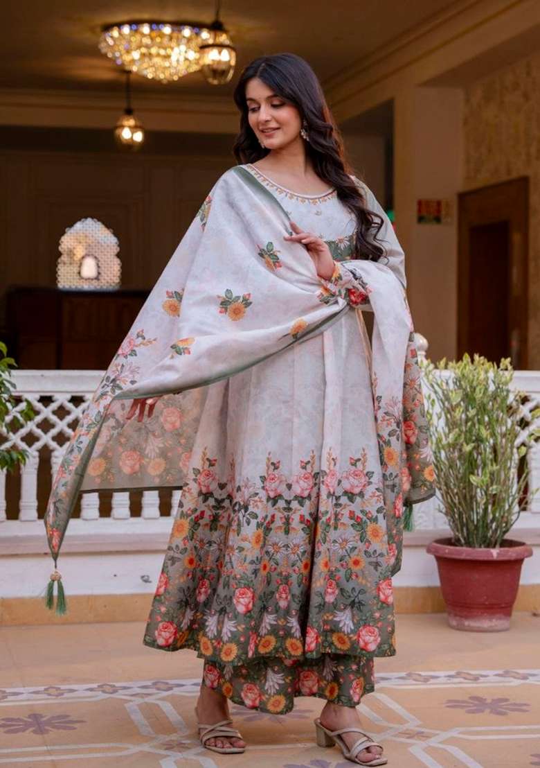 Grey Printed Chanderi Sharara Set - Indya