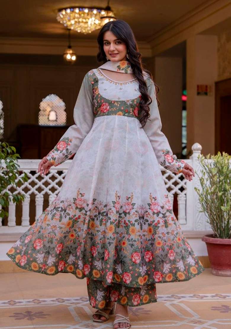 Grey Printed Chanderi Sharara Set - Indya