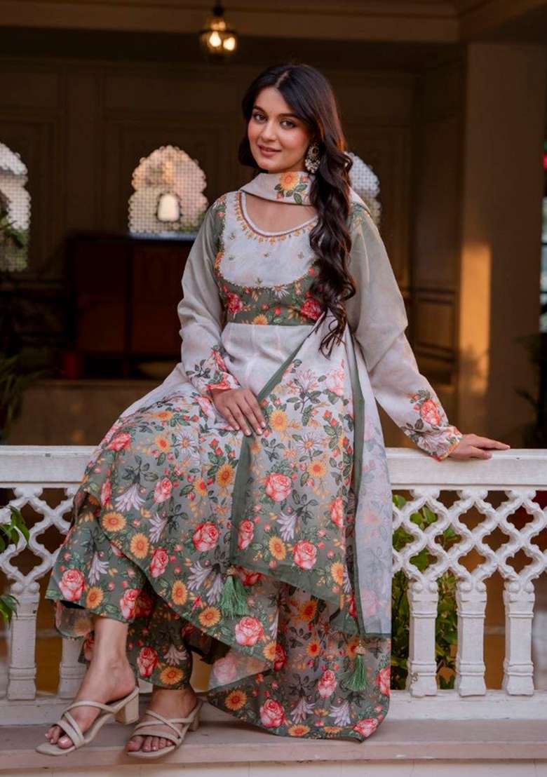 Grey Printed Chanderi Sharara Set - Indya