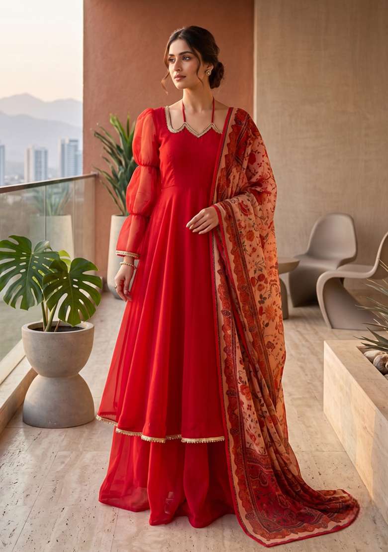Red Printed Silk Sharara Set - Indya