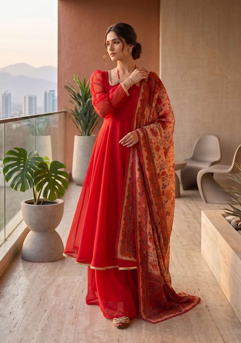 Red Printed Silk Sharara Set - Indya