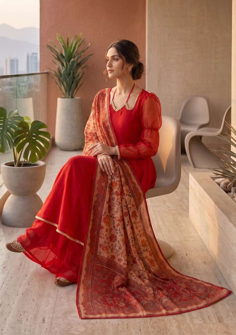Red Printed Silk Sharara Set - Indya