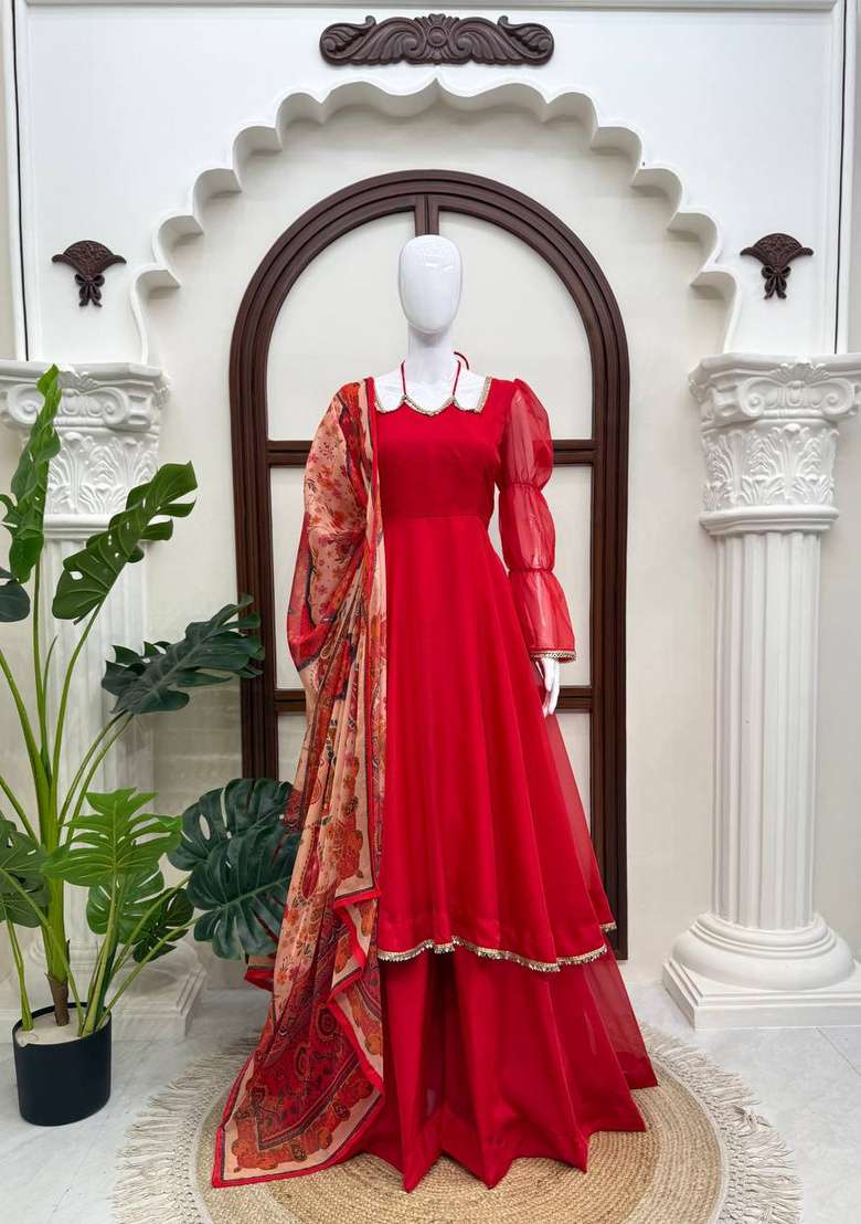 Red Printed Silk Sharara Set - Indya