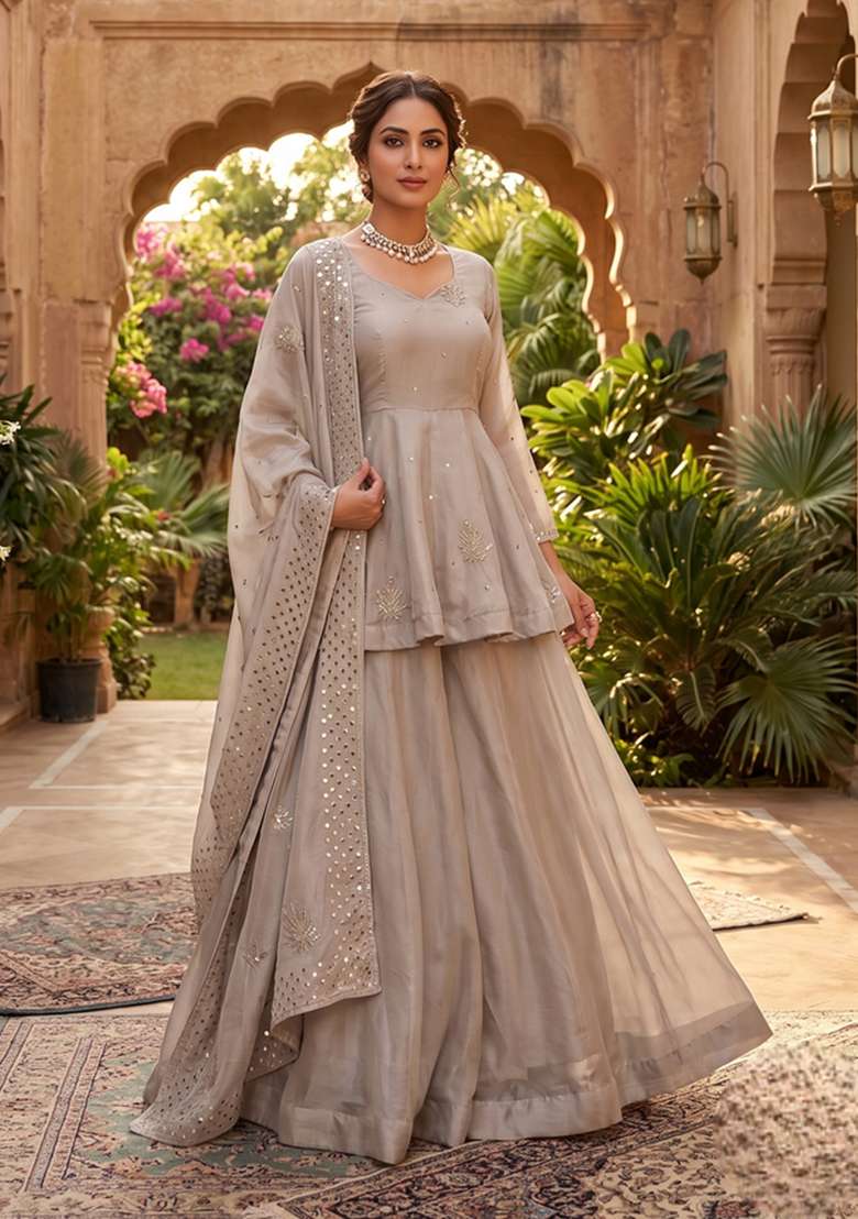 Grey Embroidery Silk Sharara Set - Indya