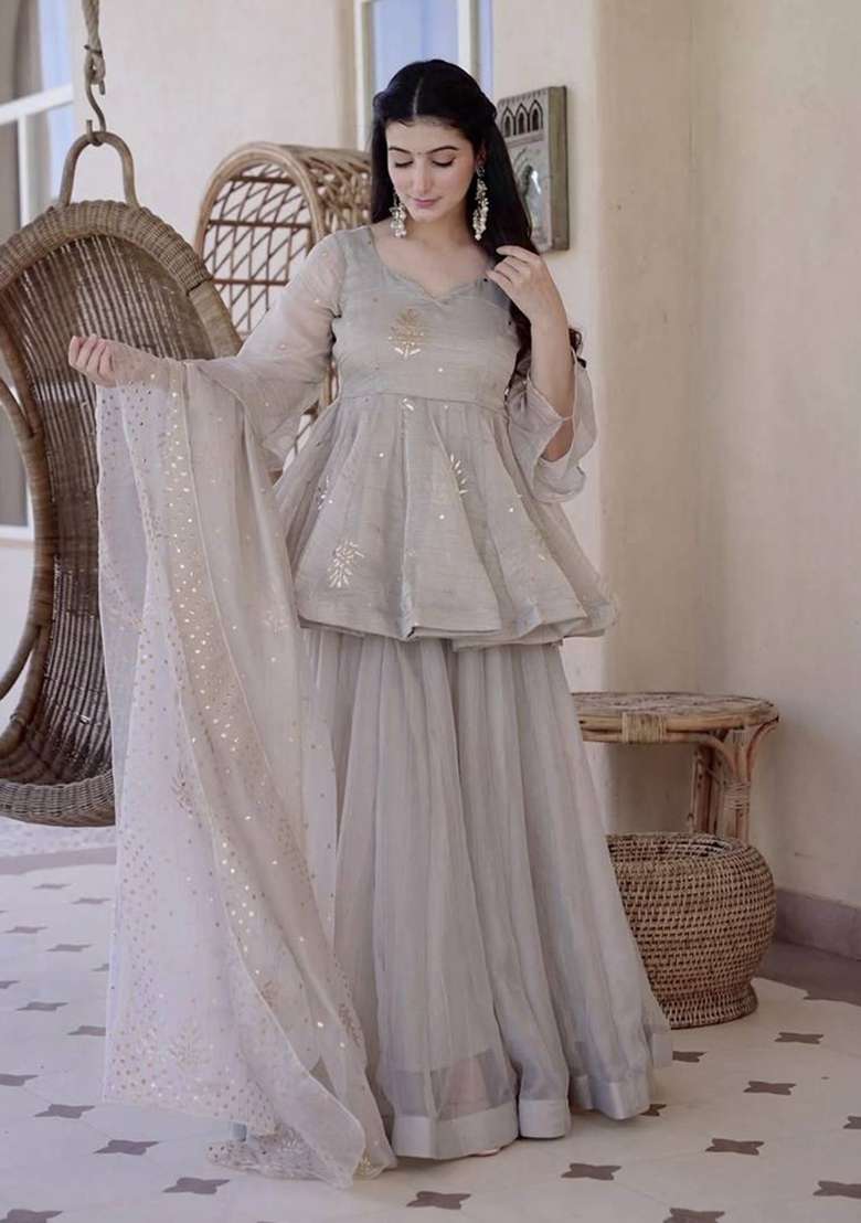 Grey Embroidery Silk Sharara Set - Indya