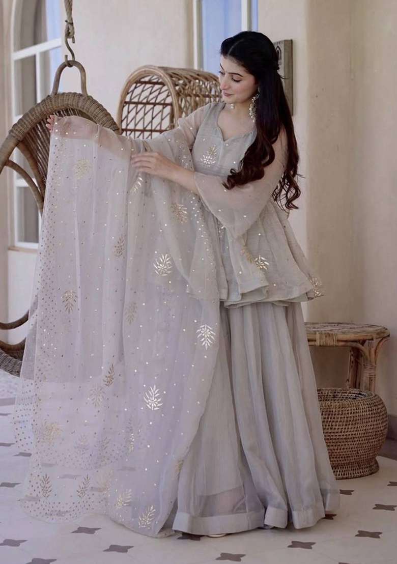 Grey Embroidery Silk Sharara Set - Indya