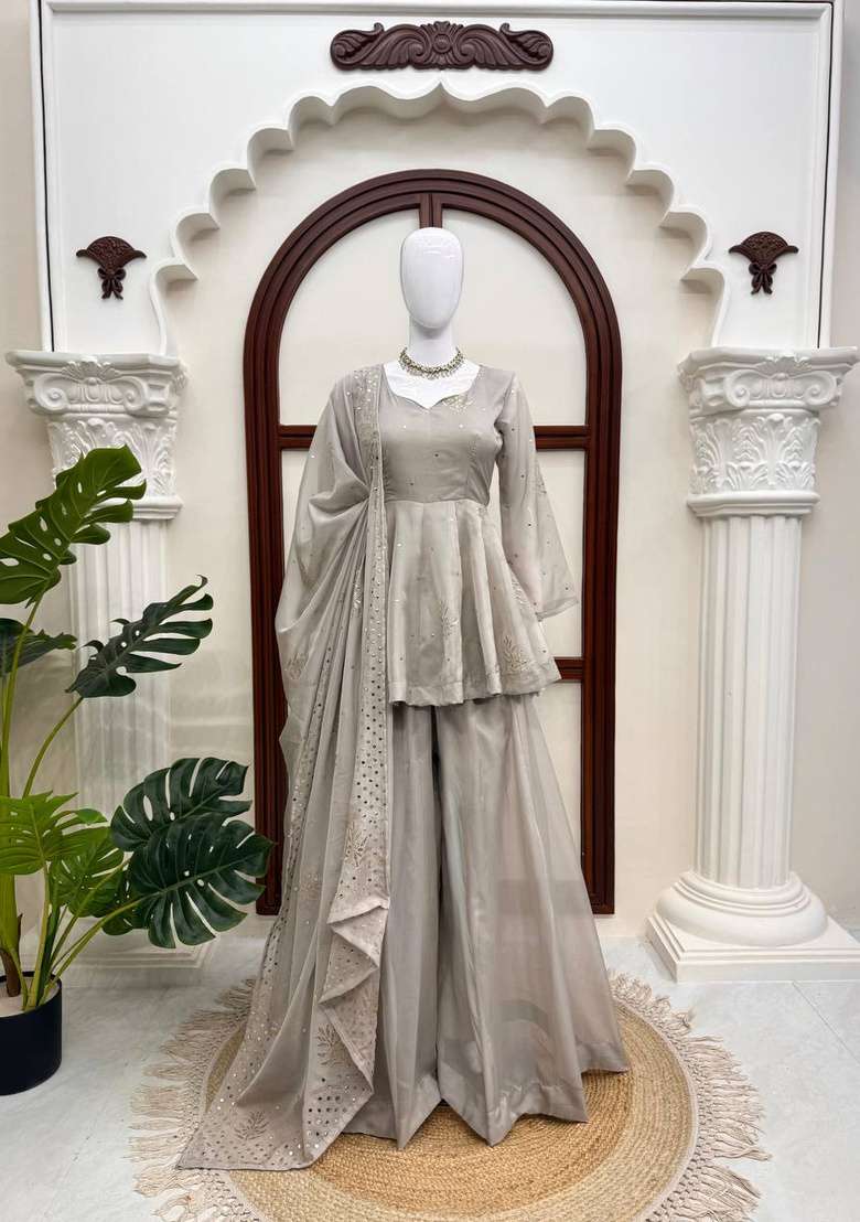Grey Embroidery Silk Sharara Set - Indya