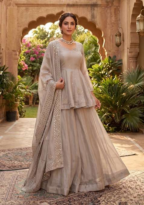 Grey Embroidery Silk Sharara Set