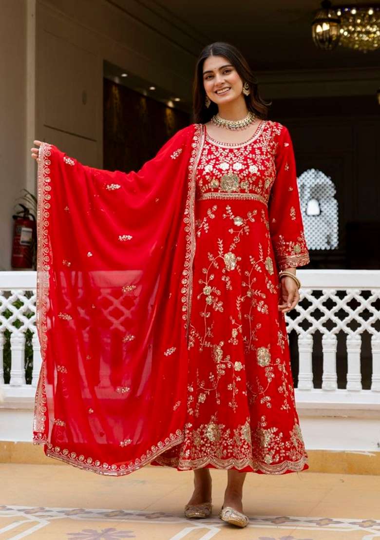 Red Embroidery Georgette Sharara Set - Indya