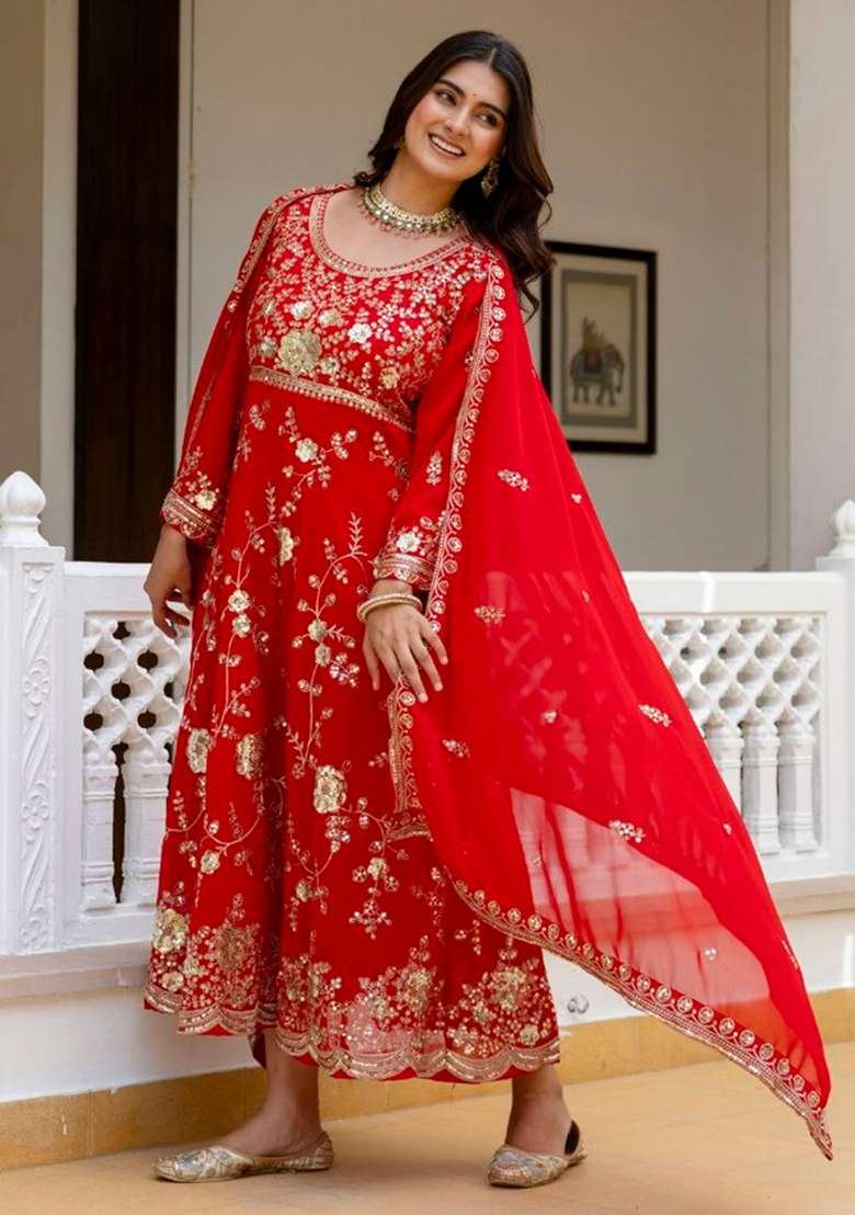 Red Embroidery Georgette Sharara Set - Indya