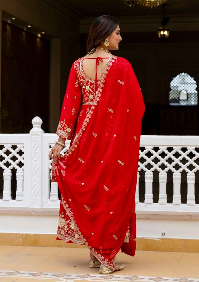 Red Embroidery Georgette Sharara Set - Indya