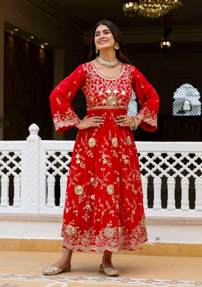 Red Embroidery Georgette Sharara Set - Indya