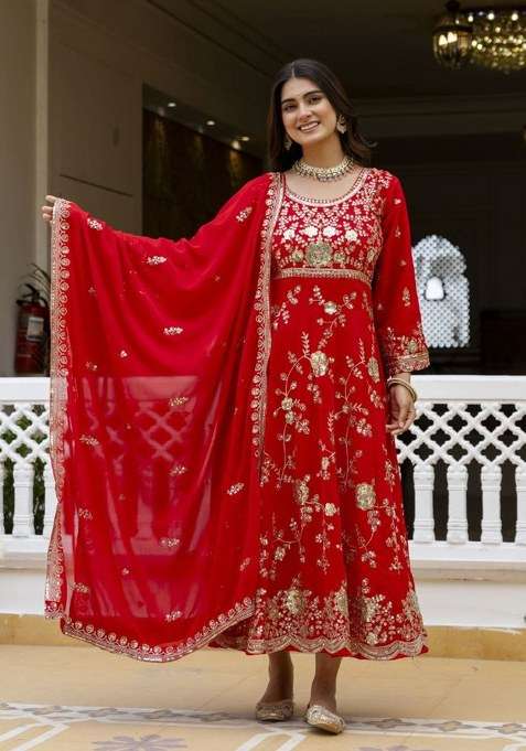 Red Embroidery Georgette Sharara Set