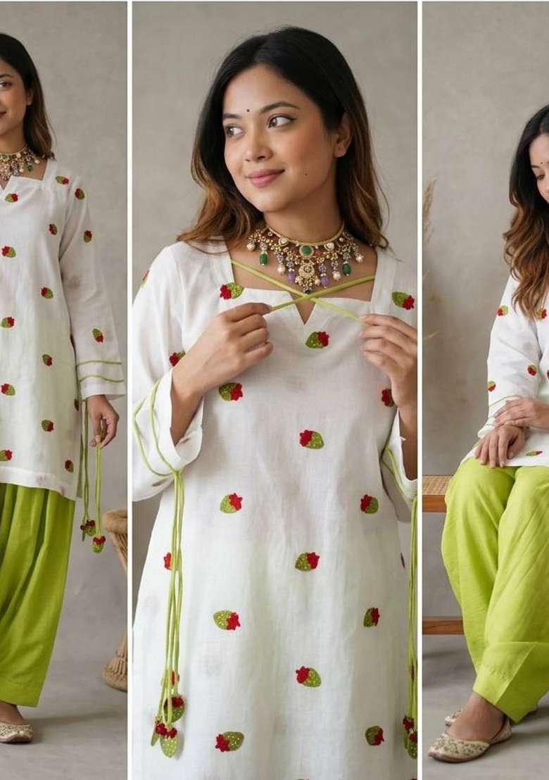 White Embroidery Cotton Sharara Set - Indya