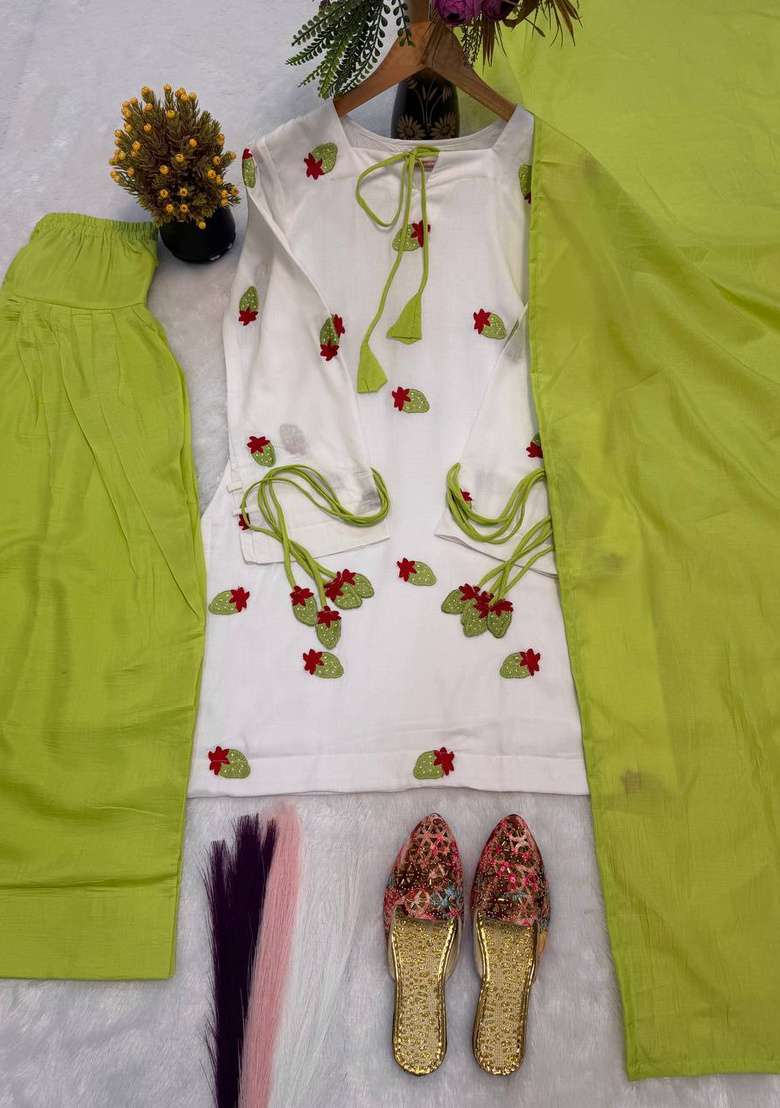 White Embroidery Cotton Sharara Set - Indya