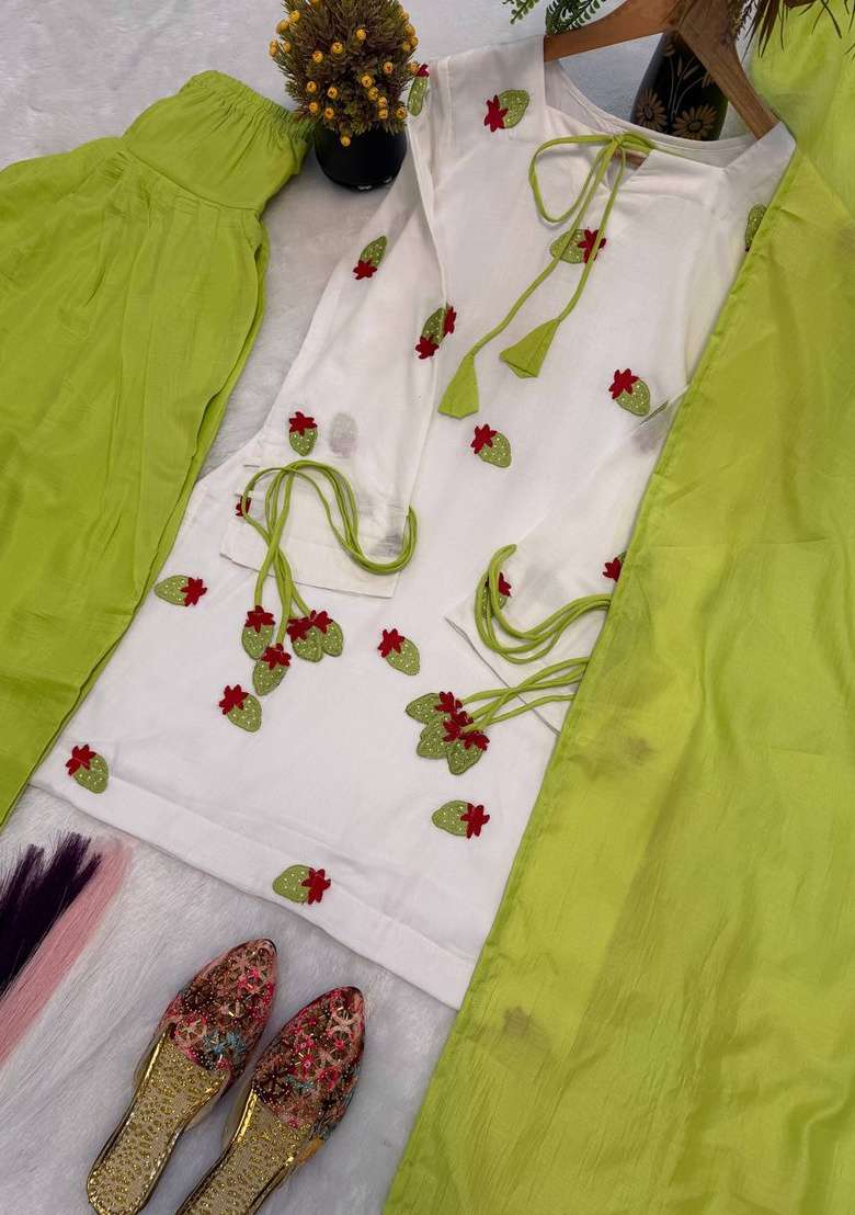 White Embroidery Cotton Sharara Set - Indya