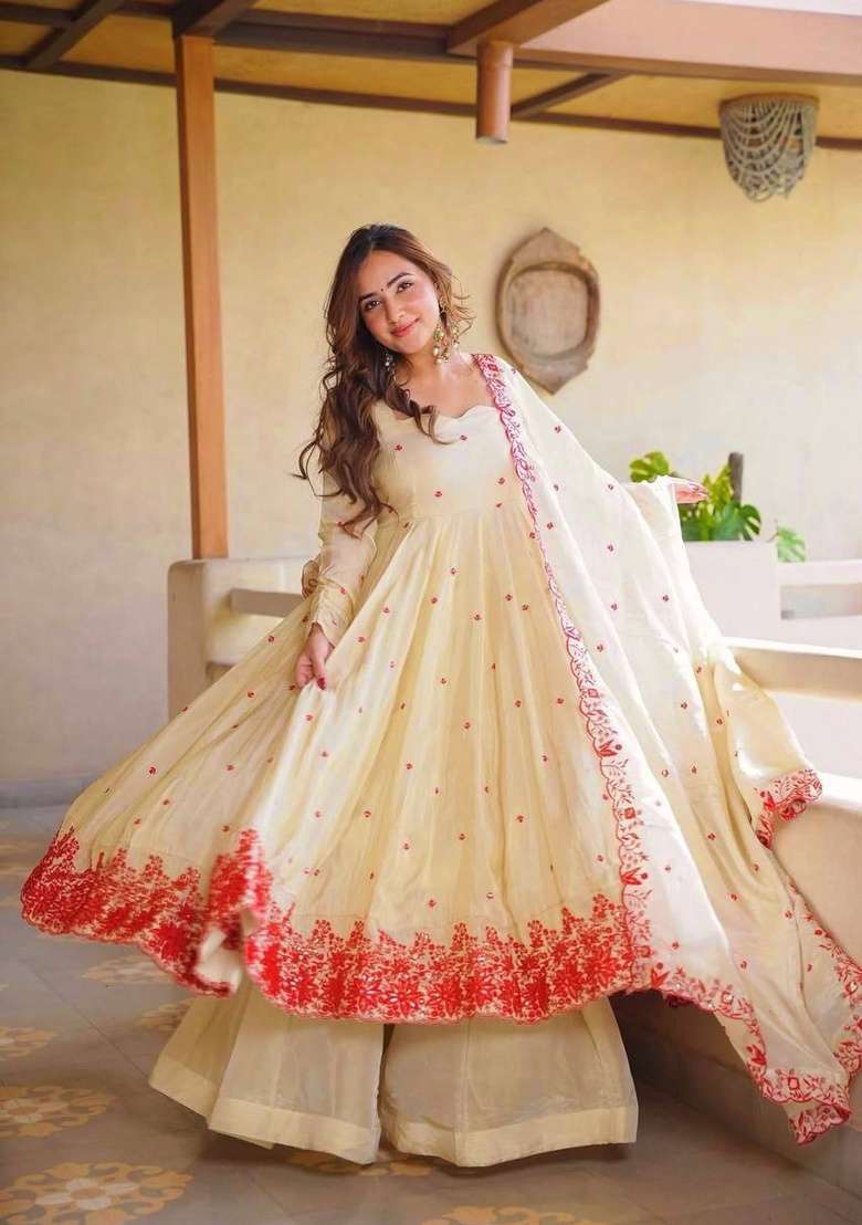 Off White Embroidery Silk Sharara Set - Indya