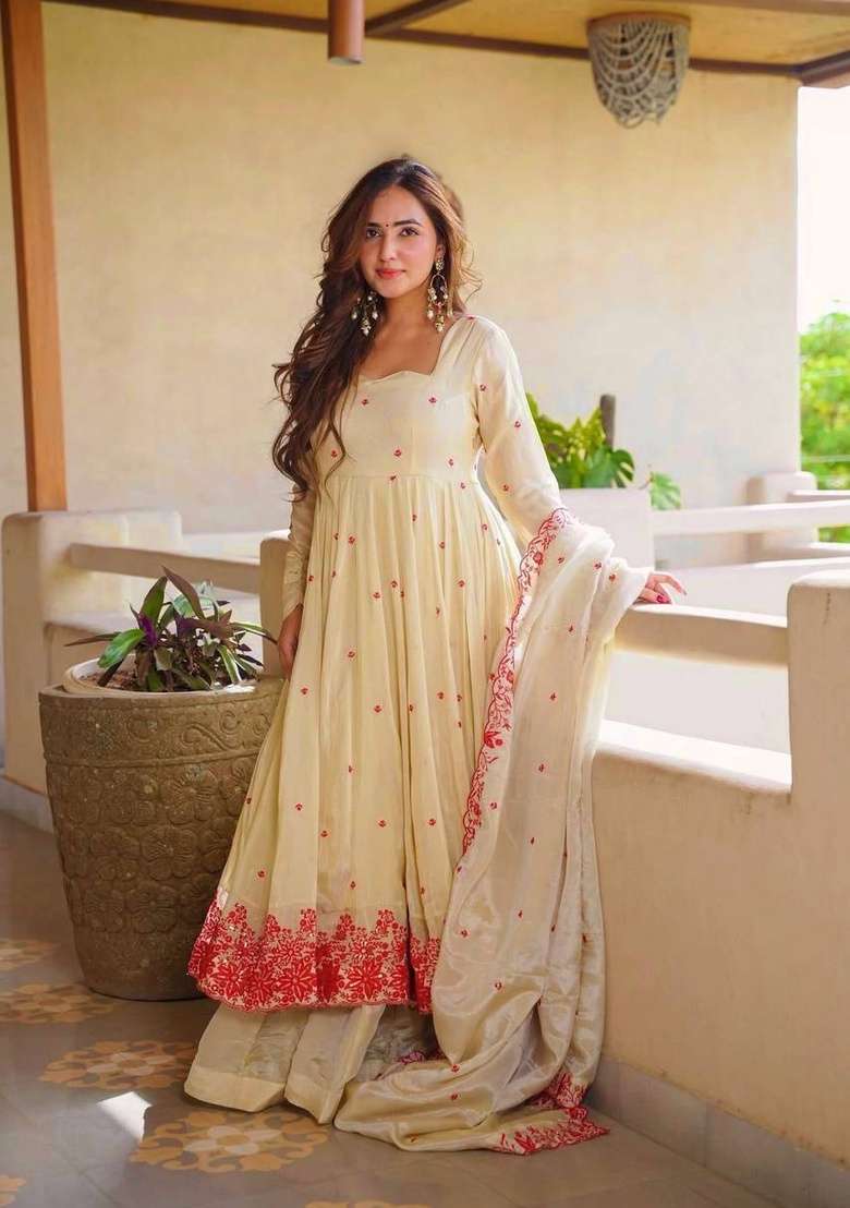 Off White Embroidery Silk Sharara Set - Indya