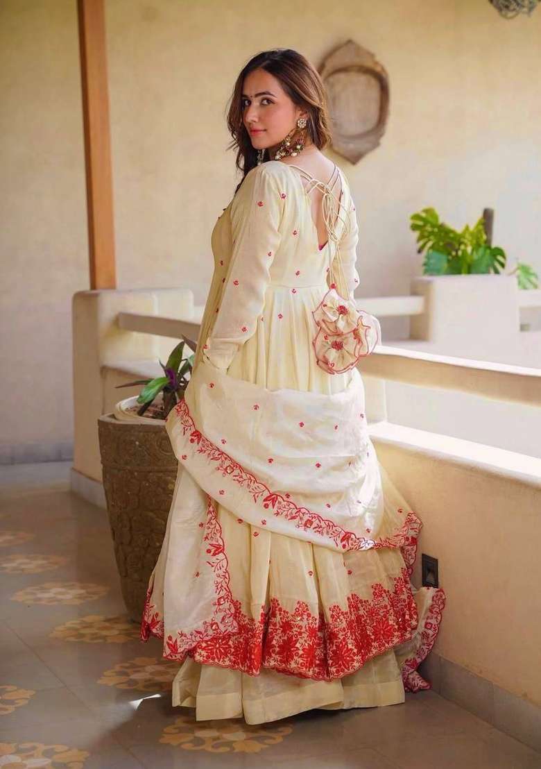 Off White Embroidery Silk Sharara Set - Indya