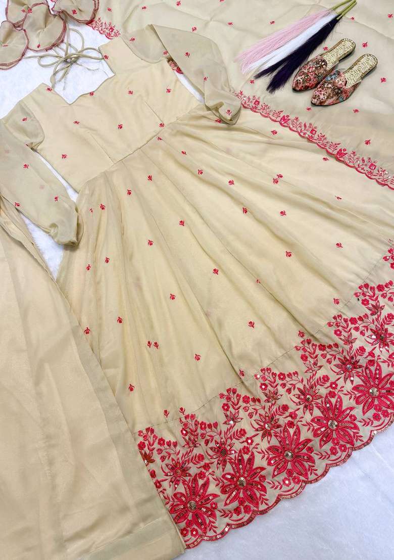Off White Embroidery Silk Sharara Set - Indya