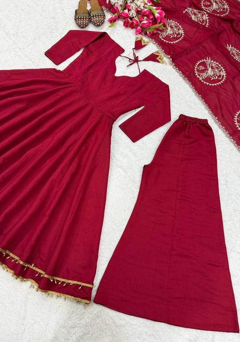Maroon Embroidery Silk Sharara Set - Indya