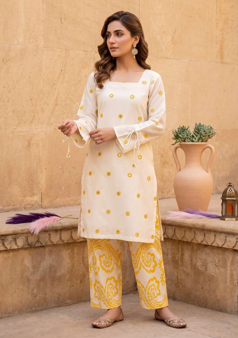 Off White Printed Cotton Sharara Set - Indya