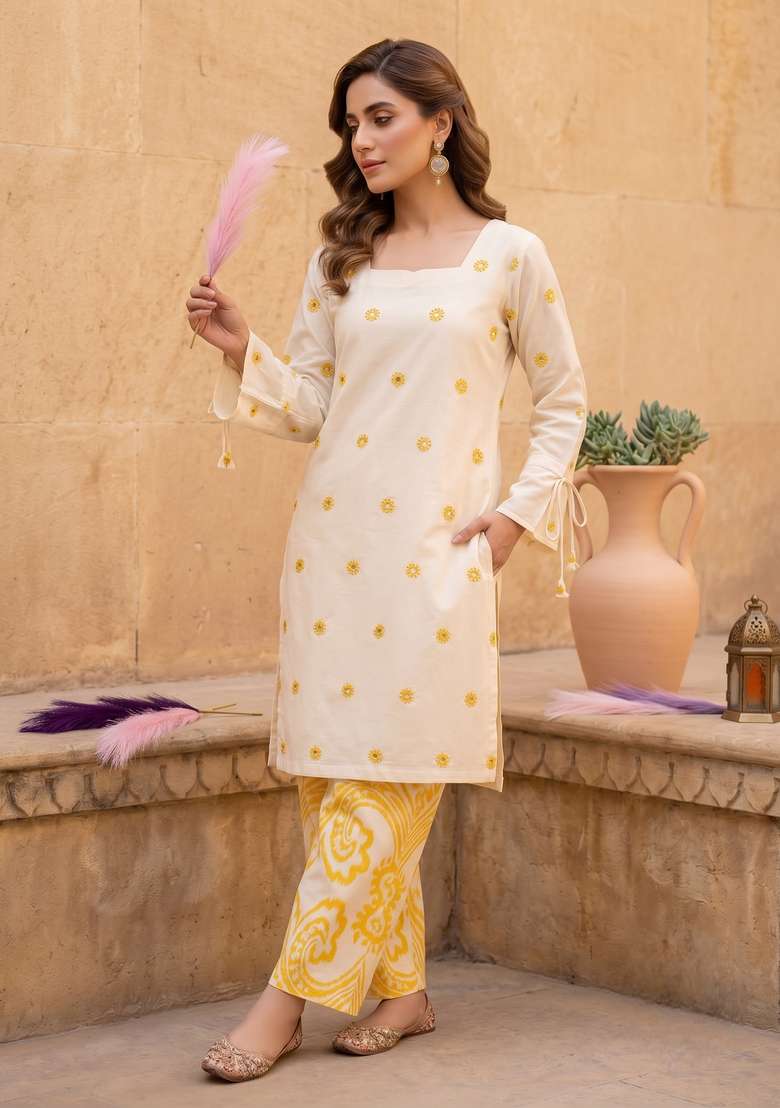 Off White Printed Cotton Sharara Set - Indya