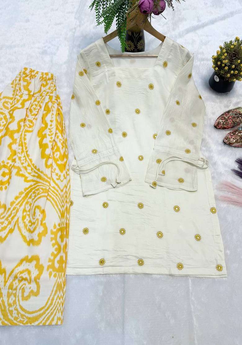 Off White Printed Cotton Sharara Set - Indya