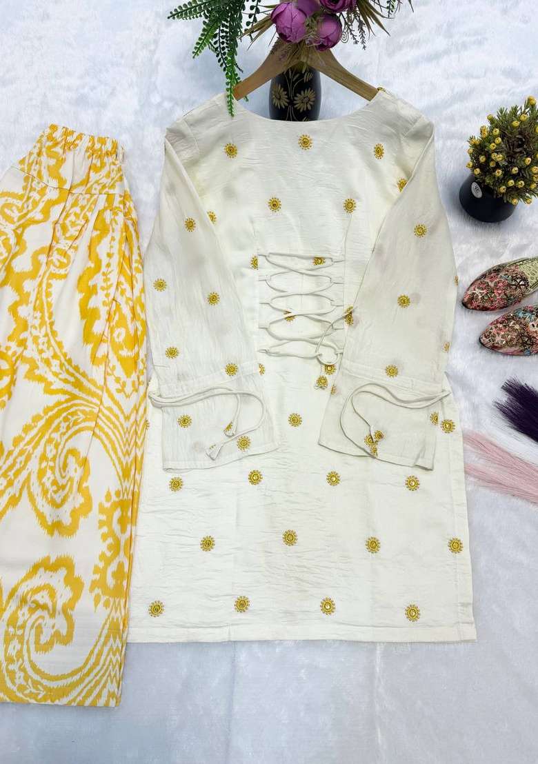 Off White Printed Cotton Sharara Set - Indya