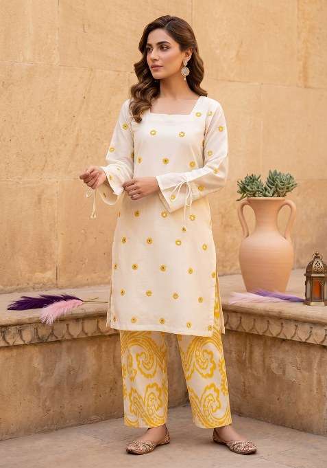 Off White Printed Cotton Sharara Set