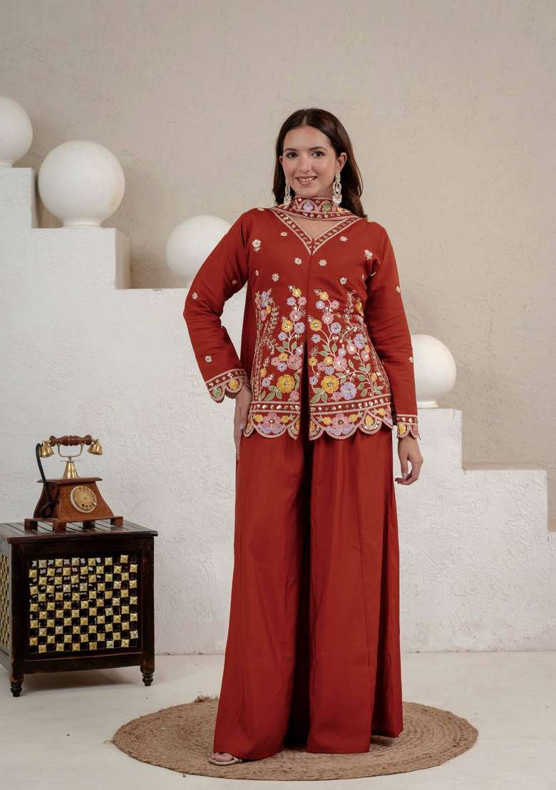 Rust Orange Embroidery Silk Sharara Set - Indya