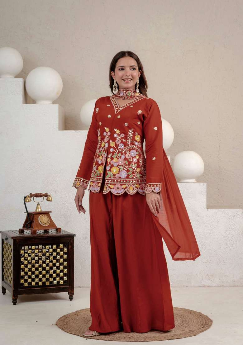 Rust Orange Embroidery Silk Sharara Set - Indya