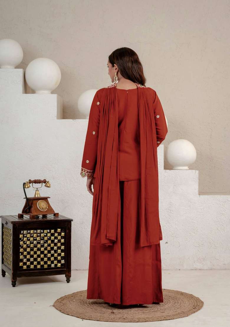 Rust Orange Embroidery Silk Sharara Set - Indya