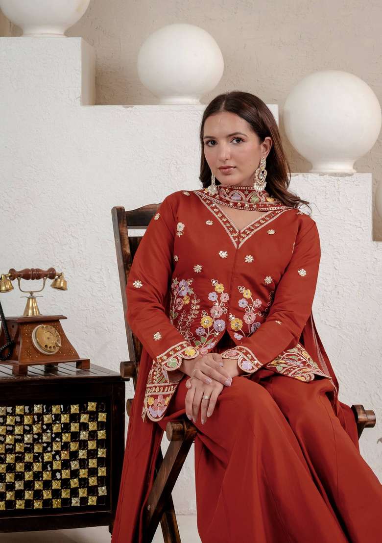 Rust Orange Embroidery Silk Sharara Set - Indya