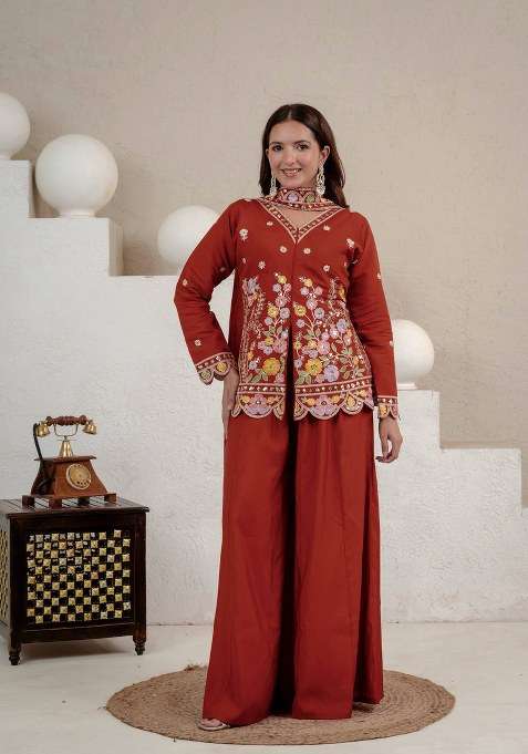 Rust Orange Embroidery Silk Sharara Set