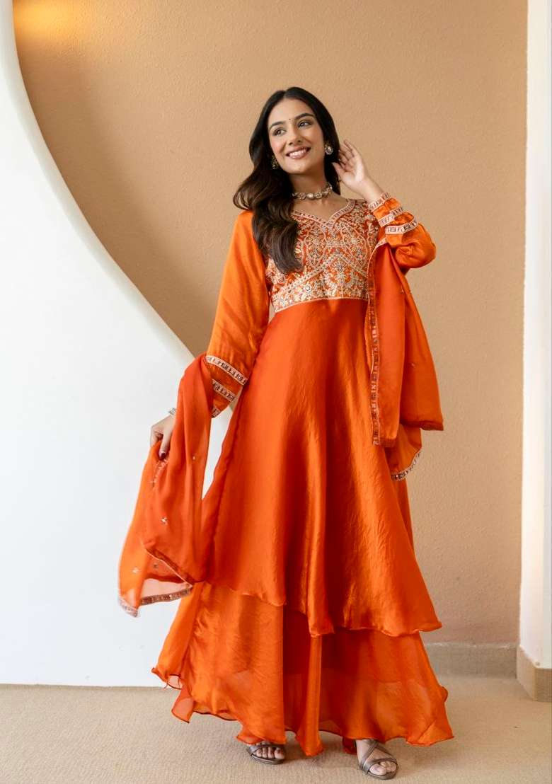 Orange Embroidery Silk Sharara Set - Indya