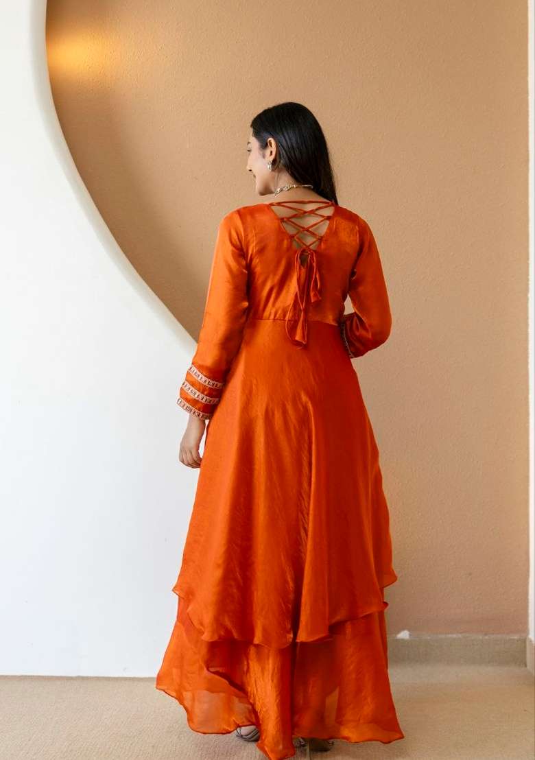 Orange Embroidery Silk Sharara Set - Indya