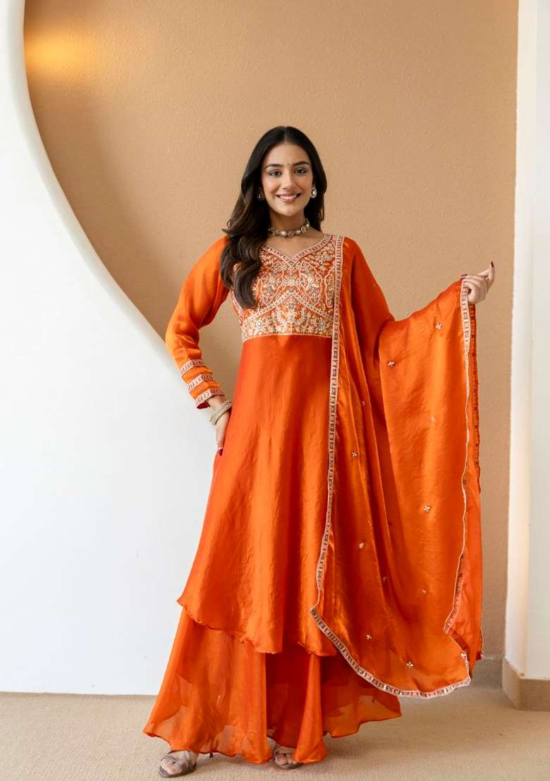 Orange Embroidery Silk Sharara Set - Indya
