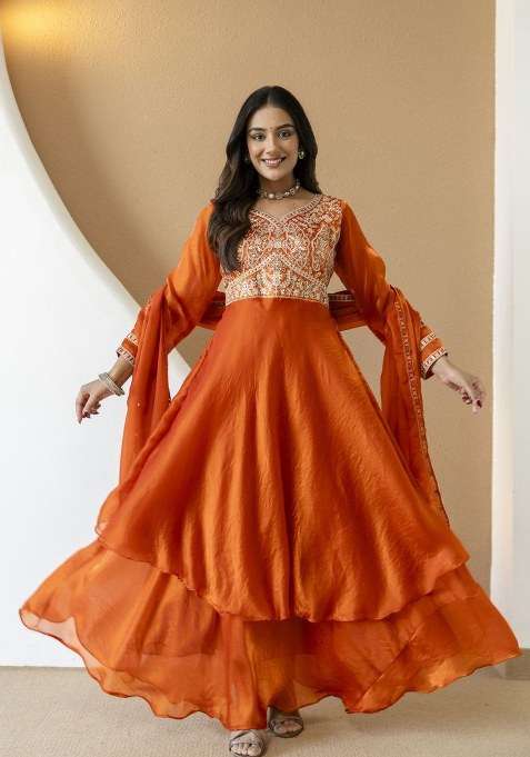 Orange Embroidery Silk Sharara Set