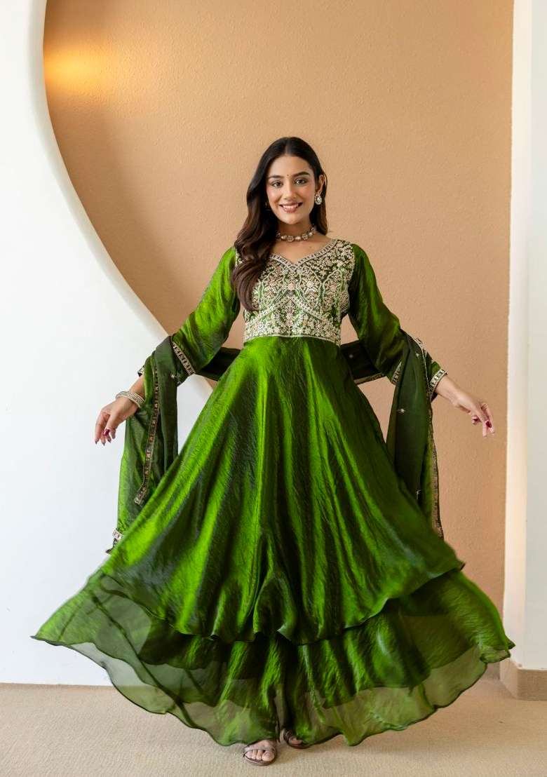 Mehendi Green Embroidery Silk Sharara Set - Indya