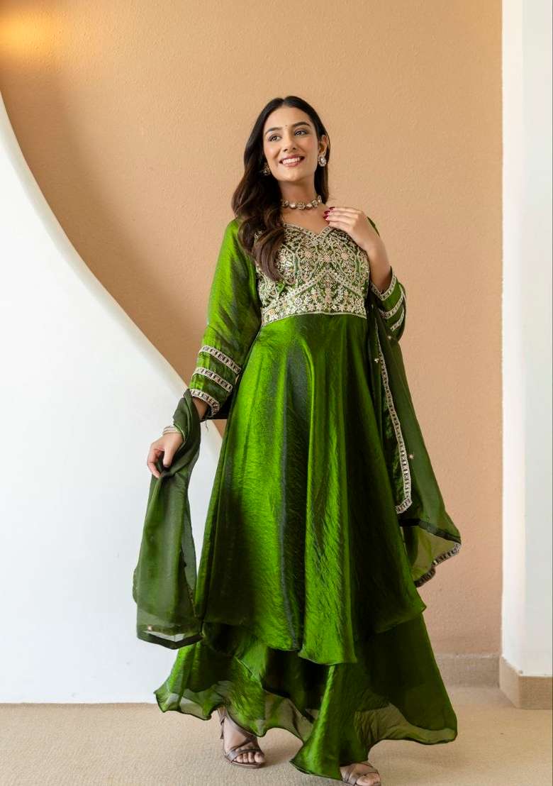 Mehendi Green Embroidery Silk Sharara Set - Indya