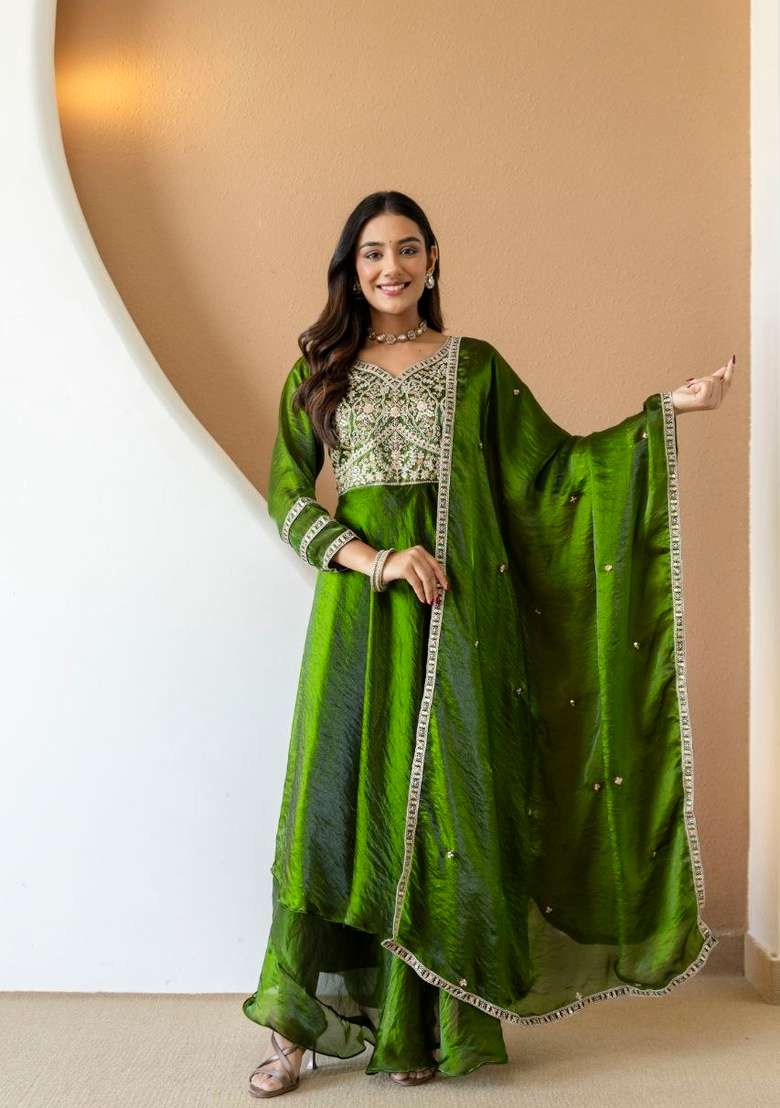 Mehendi Green Embroidery Silk Sharara Set - Indya