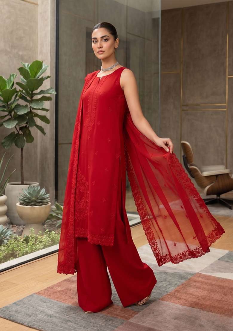 Red Embroidery Georgette Sharara Set - Indya
